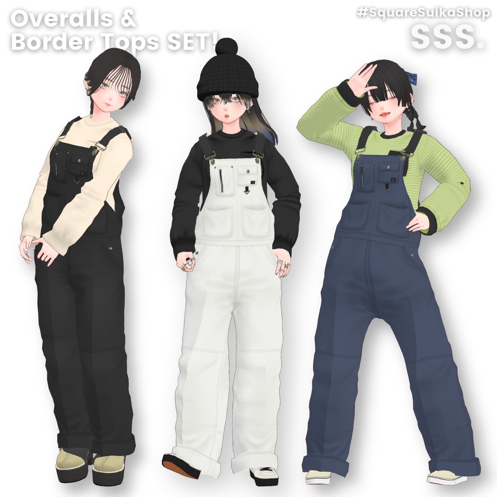 Camp Overalls & Border Tops SET【VRoid】 - Square Suika Shop