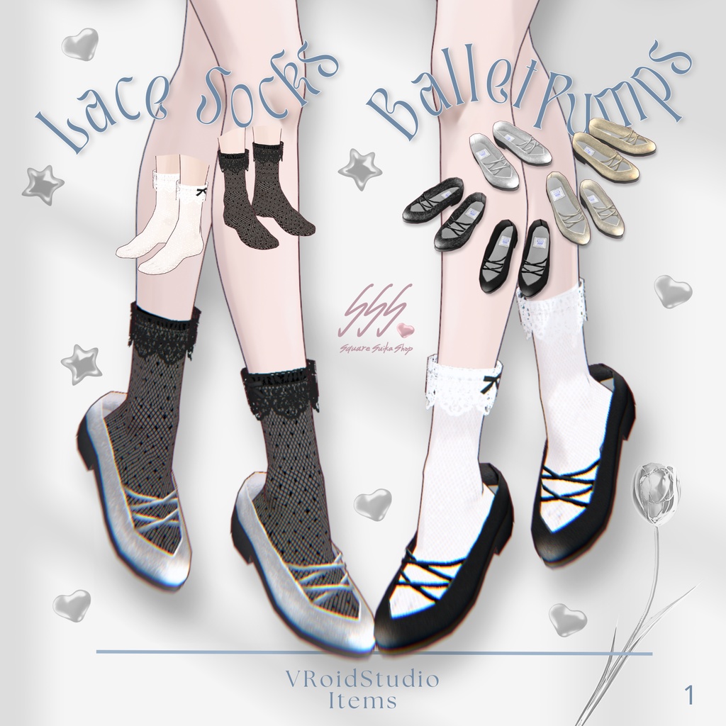 Double Cross Strap Ballet Pumps & Lace Socks【VRoid】
