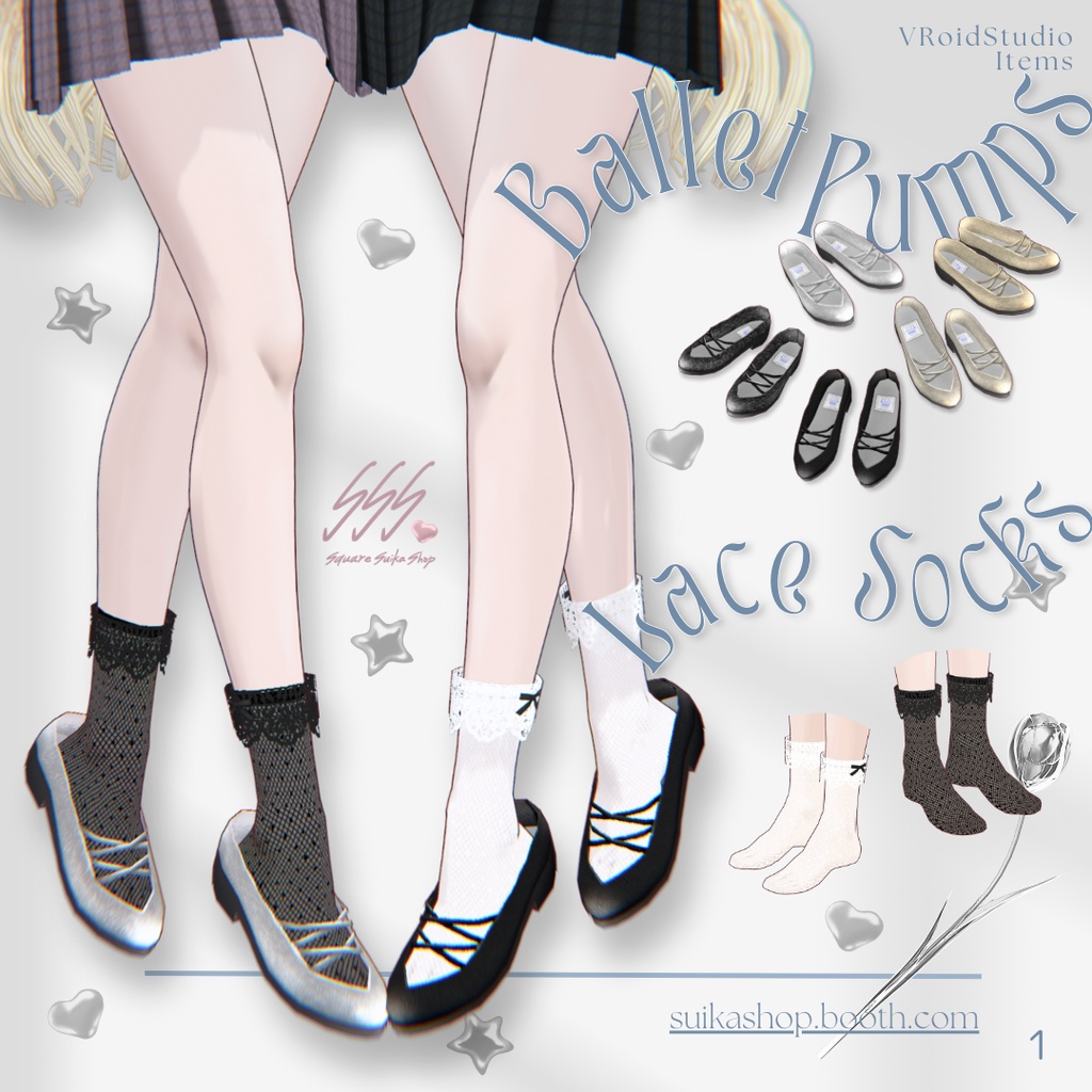 Double Cross Strap Ballet Pumps & Lace Socks【VRoid】