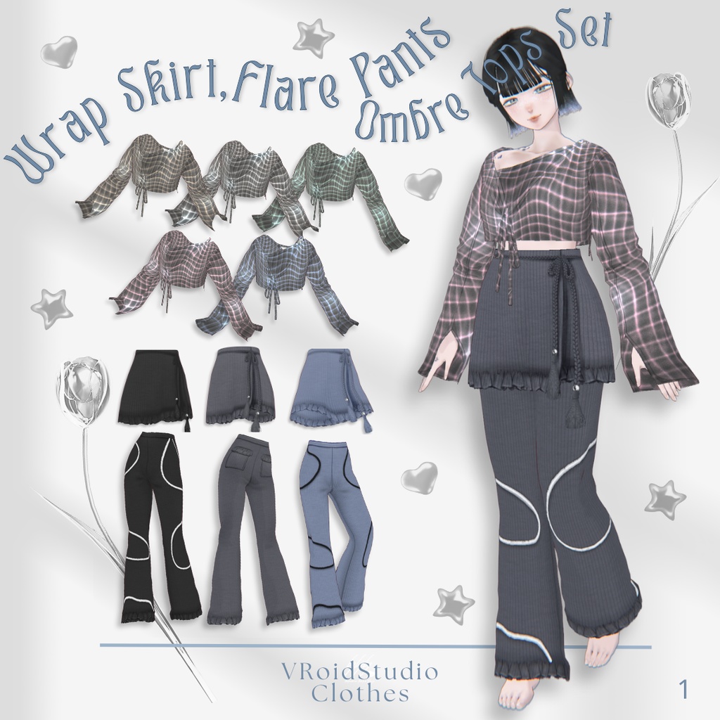 Wrap Skirt, Flare Pants ＆Ombre Tops Set【VRoid】