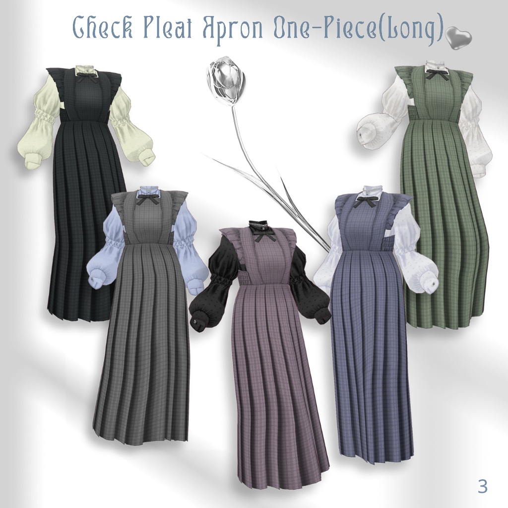 Check Pleat Apron One-Piece & Frill Blouse Set【VRoid】