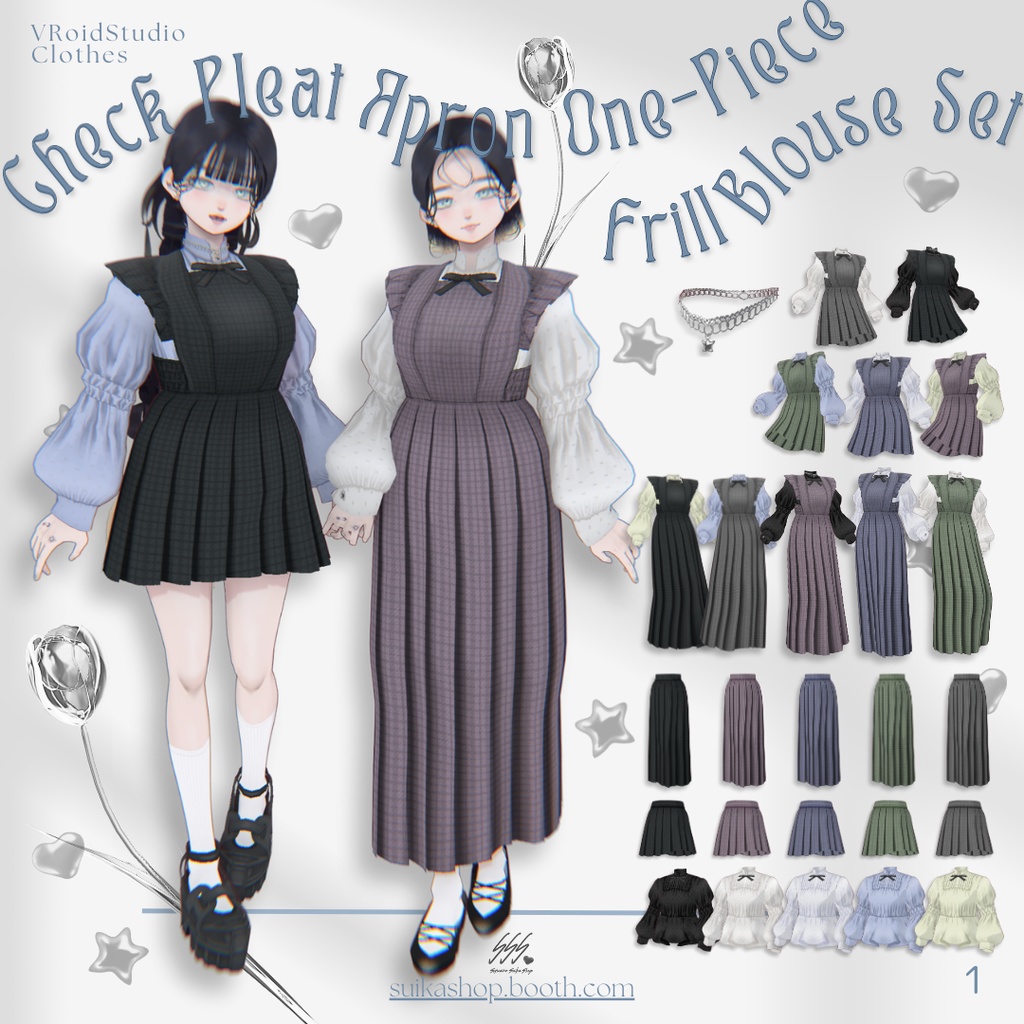 Check Pleat Apron One-Piece & Frill Blouse Set【VRoid】