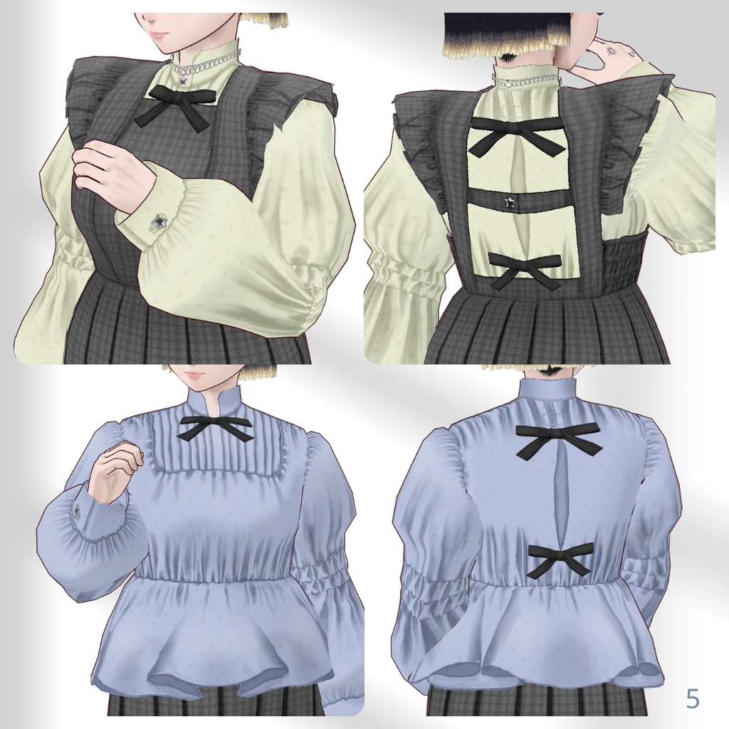 Check Pleat Apron One-Piece & Frill Blouse Set【VRoid】