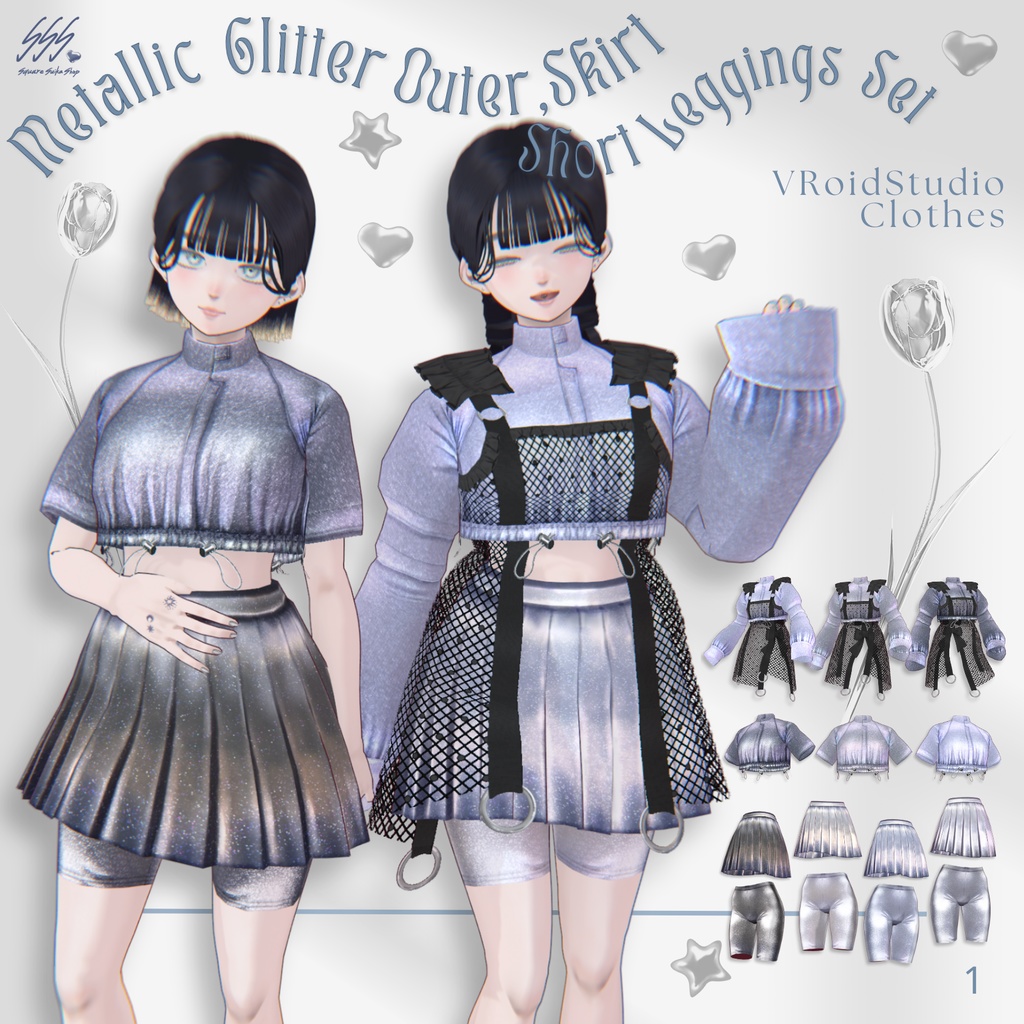 Metallic Glitter Outer,Skirt,Short Leggings Set【VRoid】
