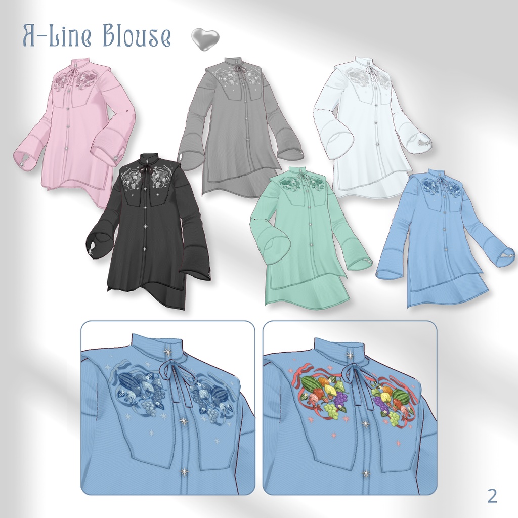 【無料有】Fruits Embroidery  Blouse & Long Tight Skirt【VRoid】