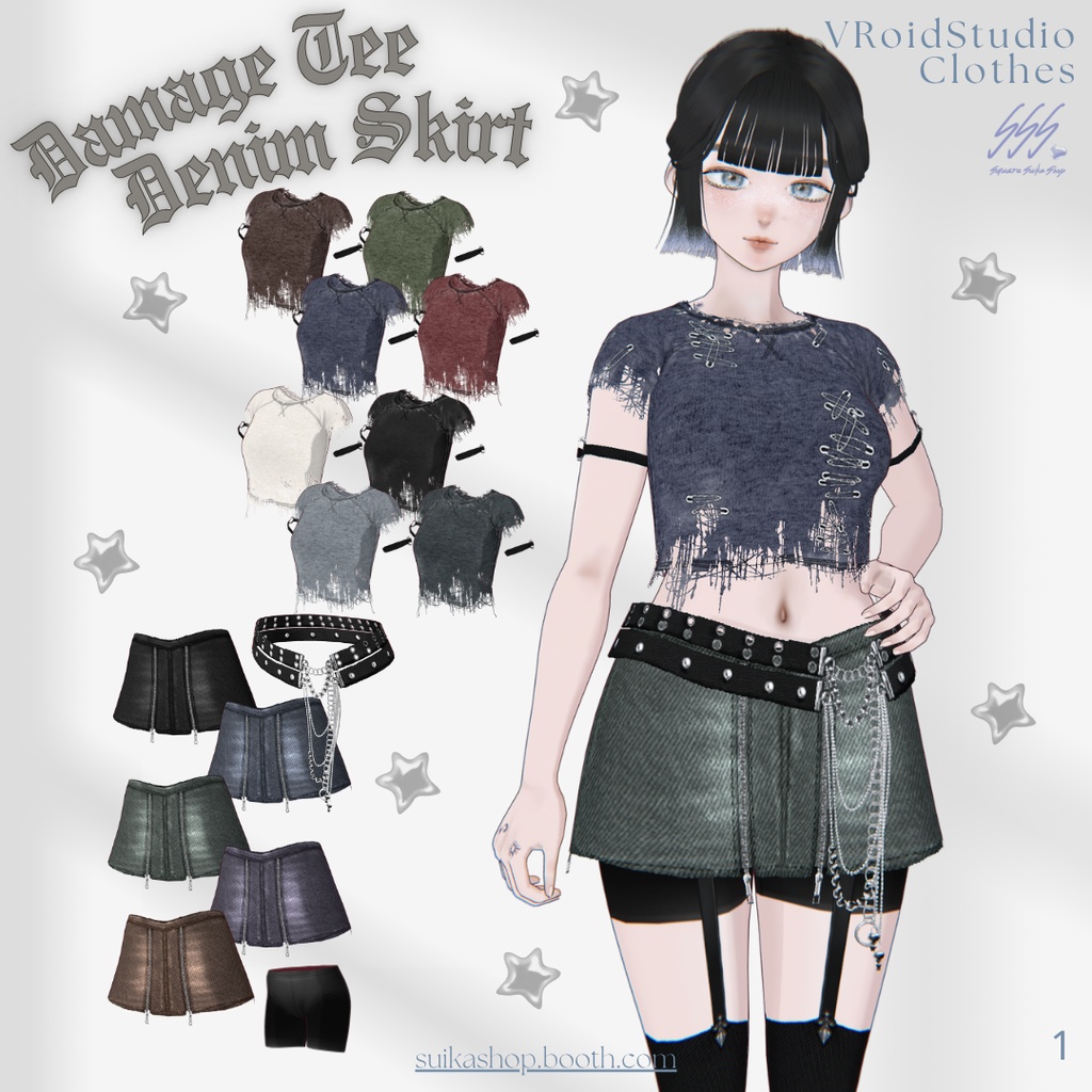 Damage Tee & Denim Skirt Outfit SET【VRoid】