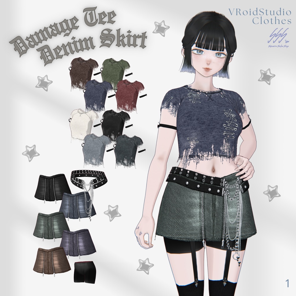 Damage Tee & Denim Skirt Outfit SET【VRoid】