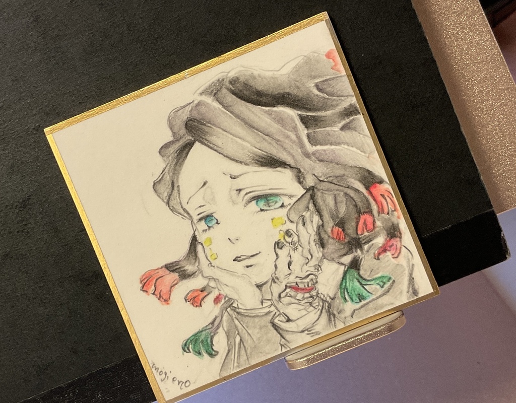 【豆色紙原画】魘夢 (鬼滅の刃)/7.5cm×7.5cm/水彩色鉛筆[Mini Shikishi Original Art] Enmu (Demon Slayer) / 7.5cm × 7.5cm / Watercolor Pencil