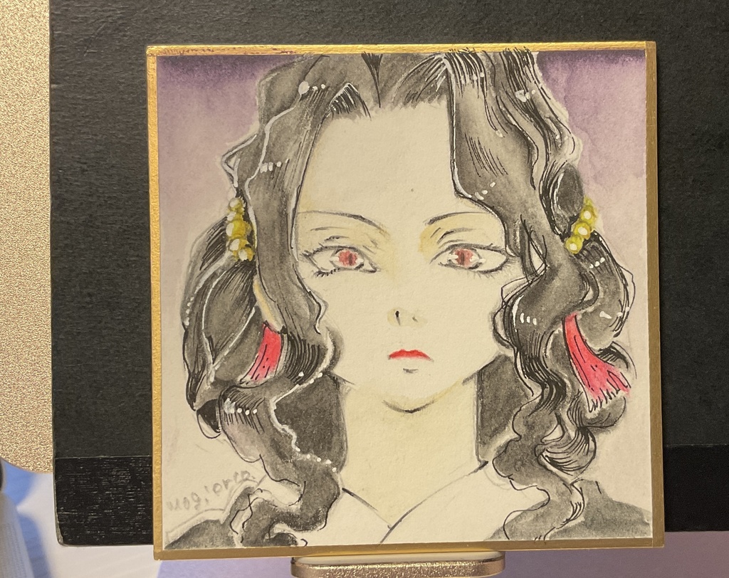 【豆色紙原画】女無惨（鬼滅の刃）／7.5cm×7.5cm／水彩色鉛筆　【Mini Shikishi Original Art】Muzan (Female Form / Demon Slayer) / 7.5cm × 7.5cm / Watercolor Pencil