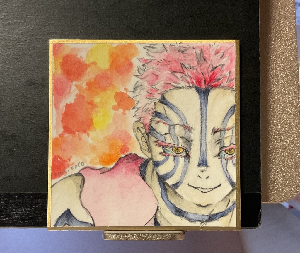 【豆色紙原画】猗窩座（鬼滅の刃）／7.5cm×7.5cm／水彩色鉛筆 [Mini Shikishi Original Art] Akaza (Demon Slayer) / 7.5cm × 7.5cm / Watercolor Pencil