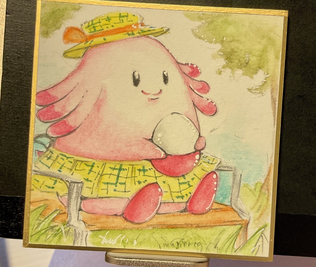【豆色紙原画】 ラッキー（ポケモン）／7.5cm×7.5cm／水彩色鉛筆/[Mini Shikishi Original Art] Chansey (Pokemon) / 7.5cm × 7.5cm / Watercolor Pencil