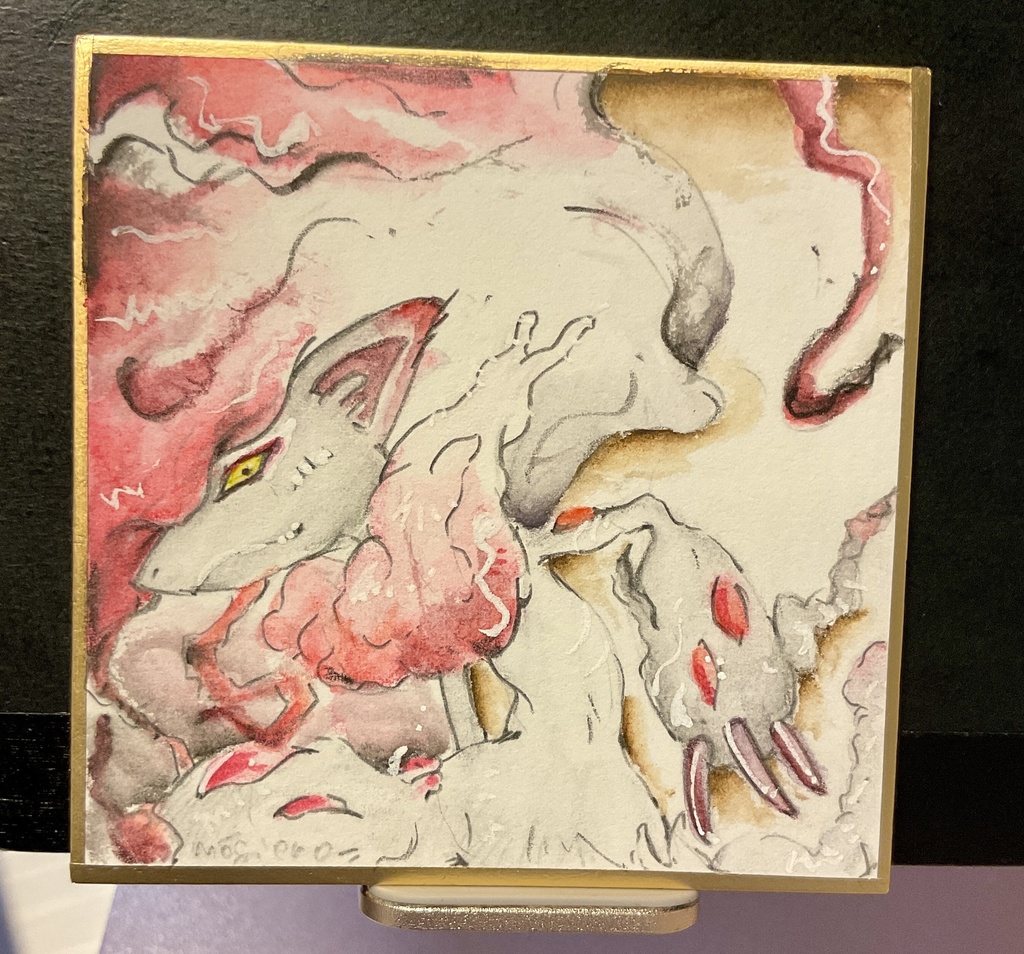 【豆色紙原画】ヒスイゾロアーク（ポケモン）/7.5cm×7.5cm/水彩色鉛筆/[Mini Shikishi Original Art] Hisuian Zoroark (Pokémon) / 7.5cm × 7.5cm / Watercolor Pencil