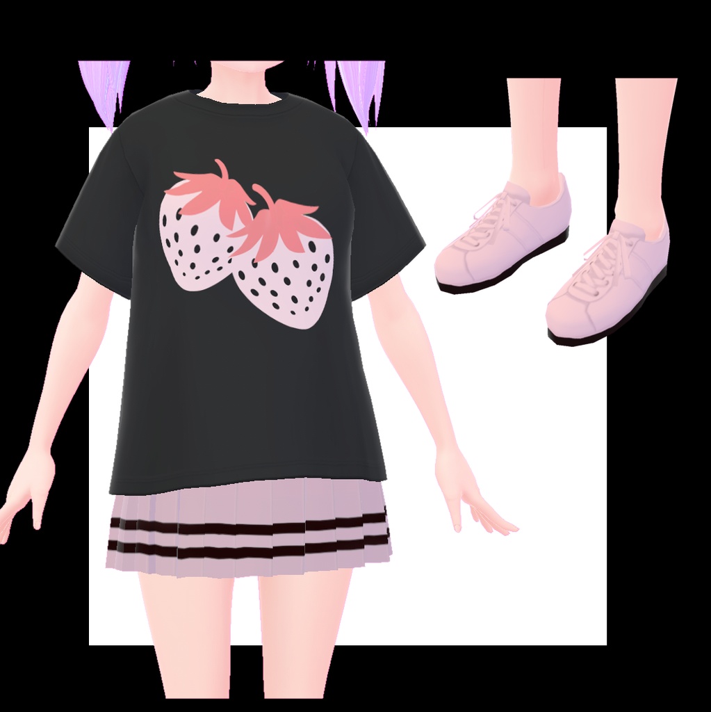 【地雷系いちごのワンポイント】ワンピース&Tシャツ コーデ【Vroid用】