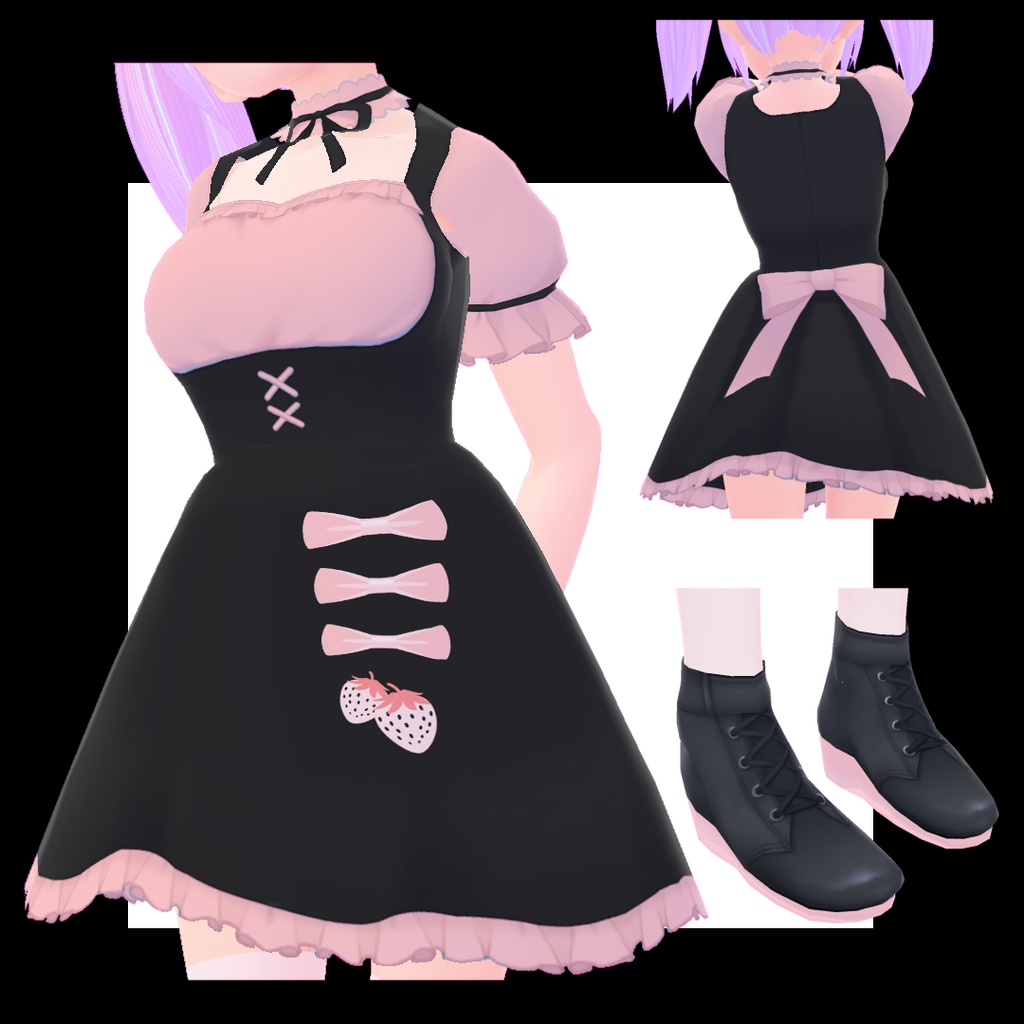 【地雷系いちごのワンポイント】ワンピース&Tシャツ コーデ【Vroid用】