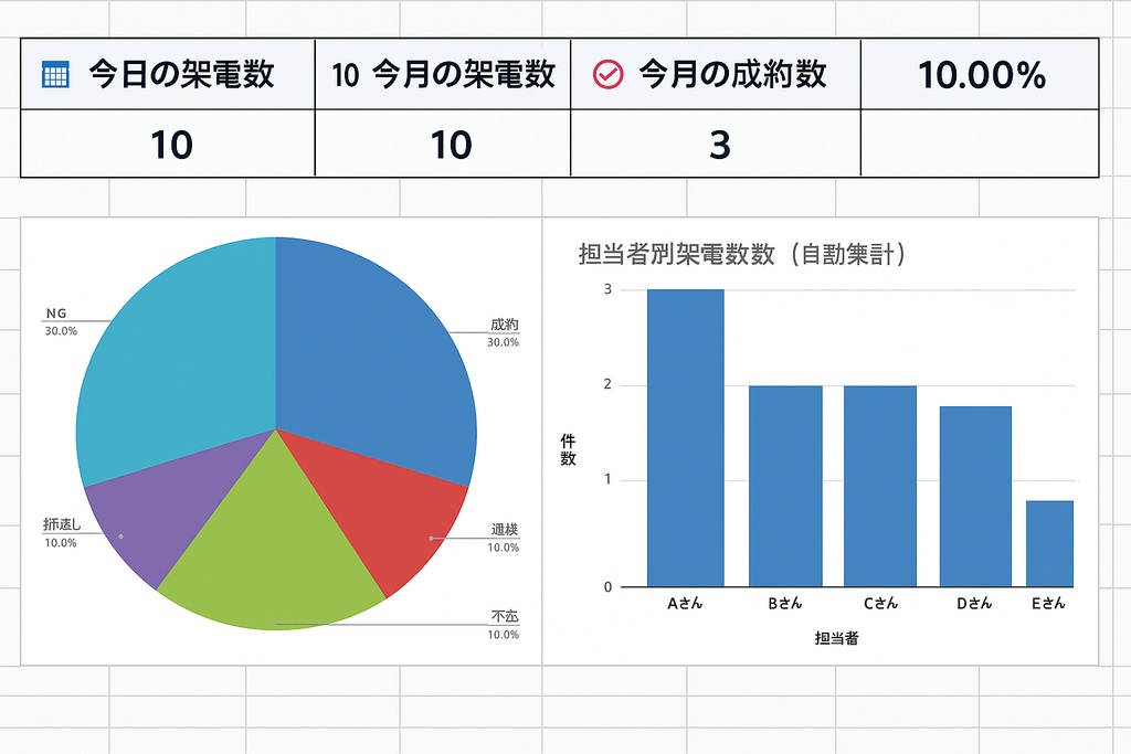 営業架電管理テンプレ|自動集計&ダッシュボード付きスプレッドシート(円グラフ/担当者別分析)
