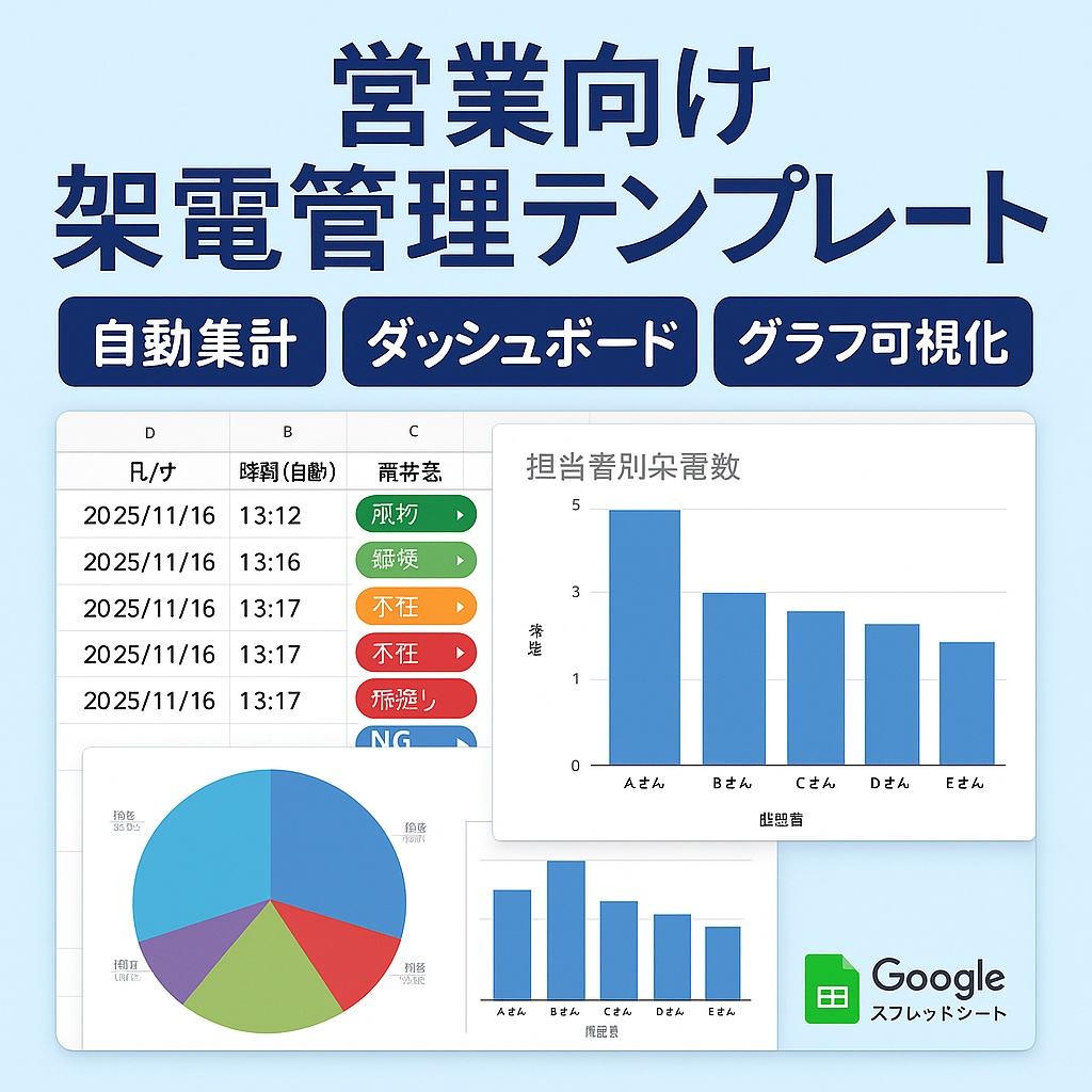 営業架電管理テンプレ｜自動集計＆ダッシュボード付きスプレッドシート（円グラフ／担当者別分析）
