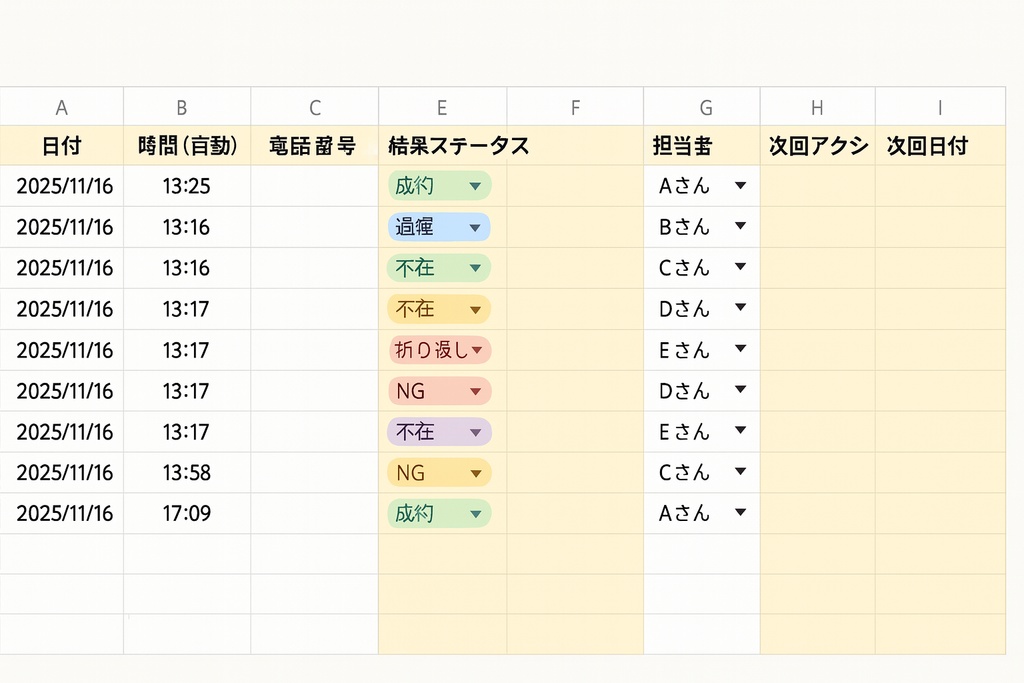 営業架電管理テンプレ|自動集計&ダッシュボード付きスプレッドシート(円グラフ/担当者別分析)