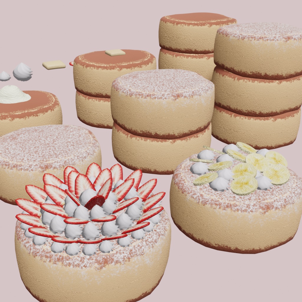 【3Dモデル】ふわふわパンケーキ-トッピング付き(全15点セット)