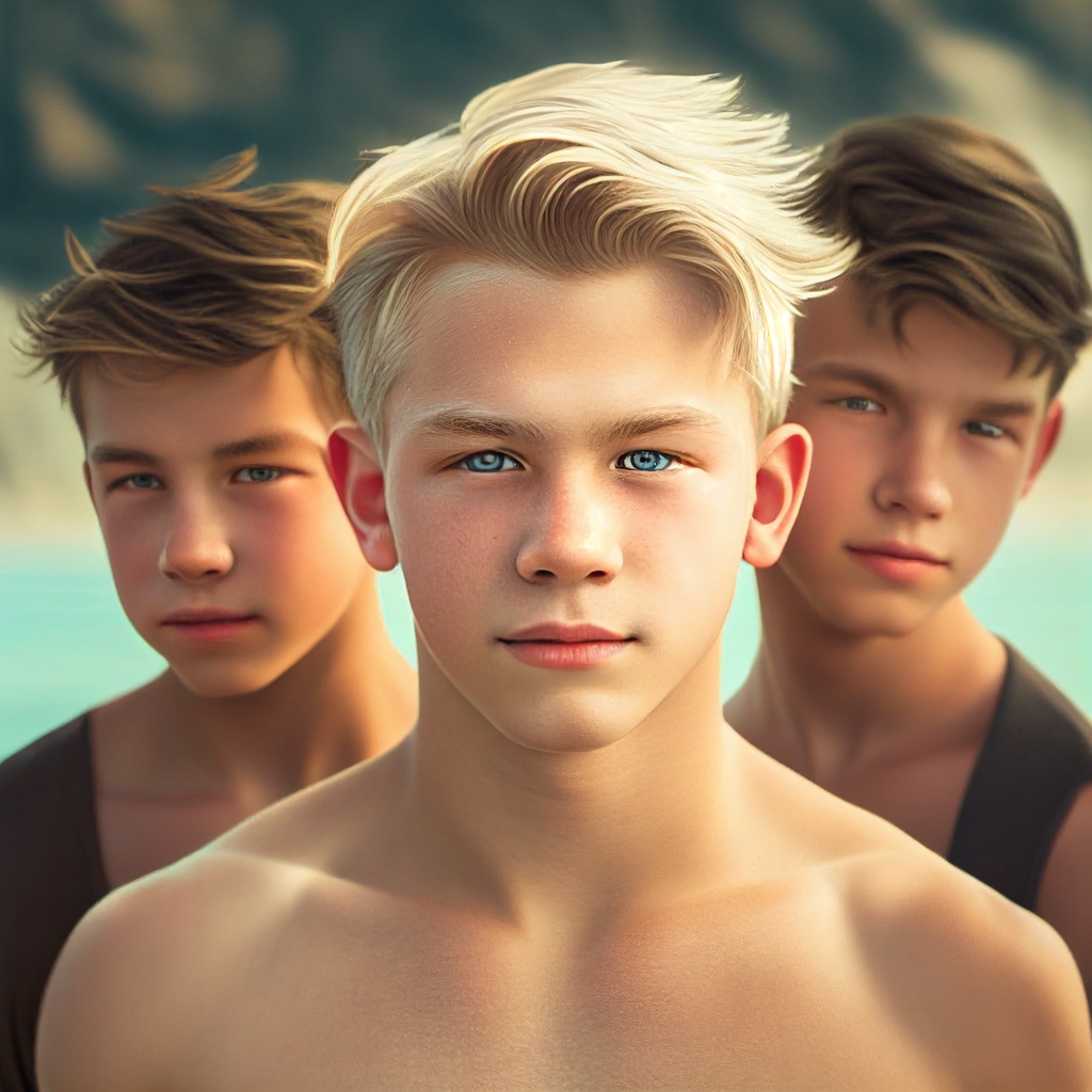 ポートレート。サマーのビーチボーイズのポートレート夏休み写真AI