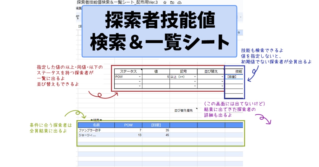 【CoC素材】探索者技能値検索&一覧シートVer.5.1