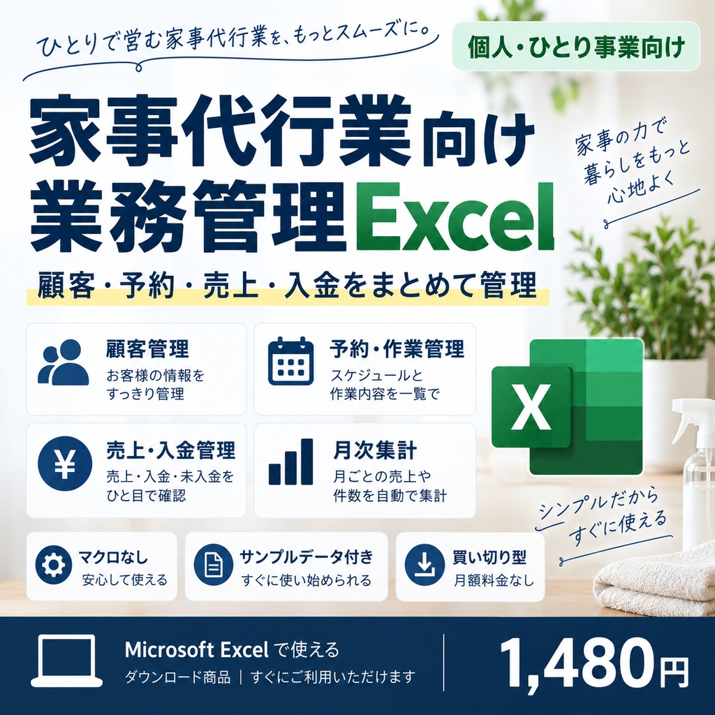 家事代行業向け 業務管理Excel｜個人・ひとり事業の顧客・予約・売上・入金管理