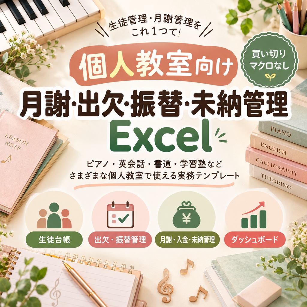 個人教室向け 月謝・出欠・振替・未納管理Excel｜ピアノ・英会話・書道・学習塾
