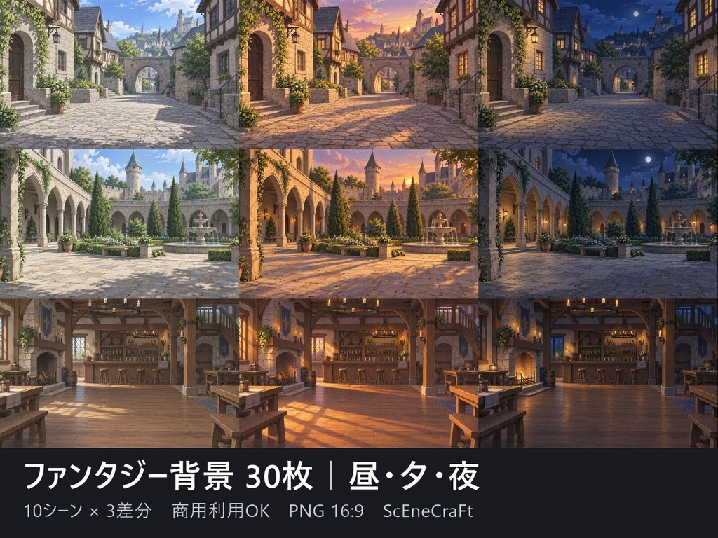 【商用OK】ファンタジー背景素材 30枚 ―昼・夕・夜― 