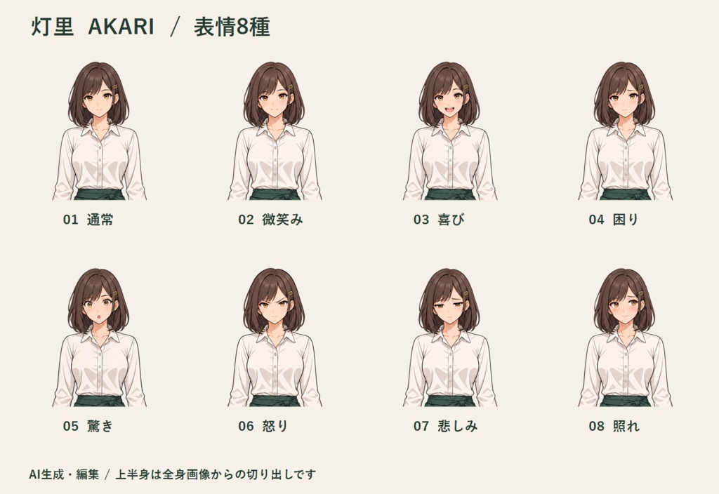 カフェ店員・灯里|立ち絵 表情8種+上半身|透過PNG
