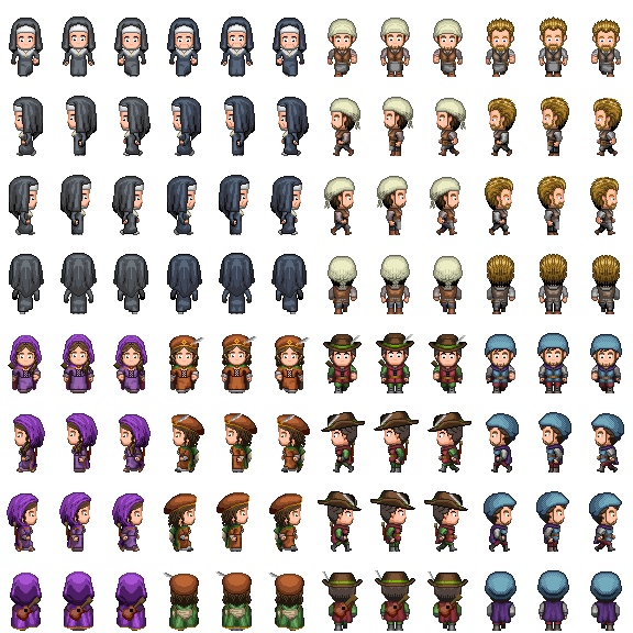 【RPGツクールMV/MZ】歩行グラフィック素材 シスター、鍛冶屋、吟遊詩人 セット