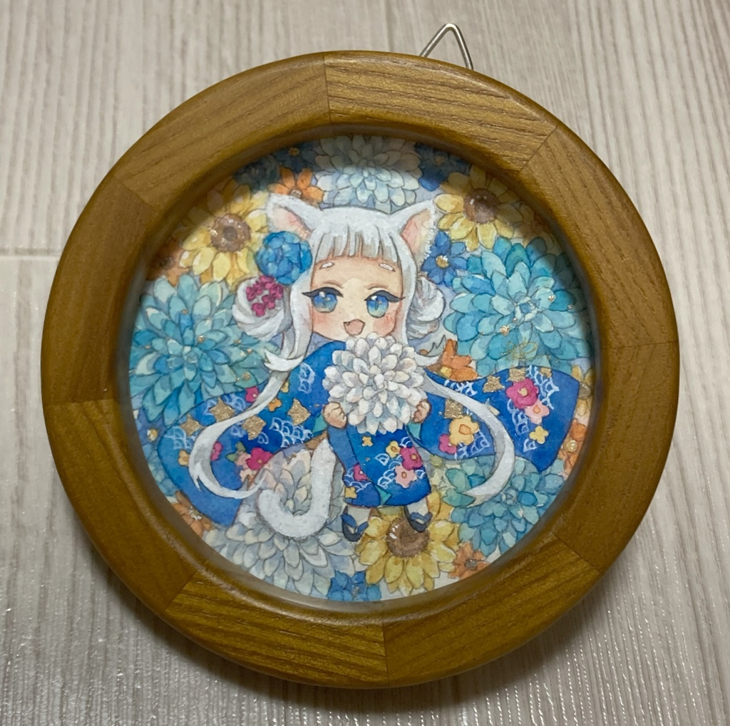 額装原画　花手水・しろねこ