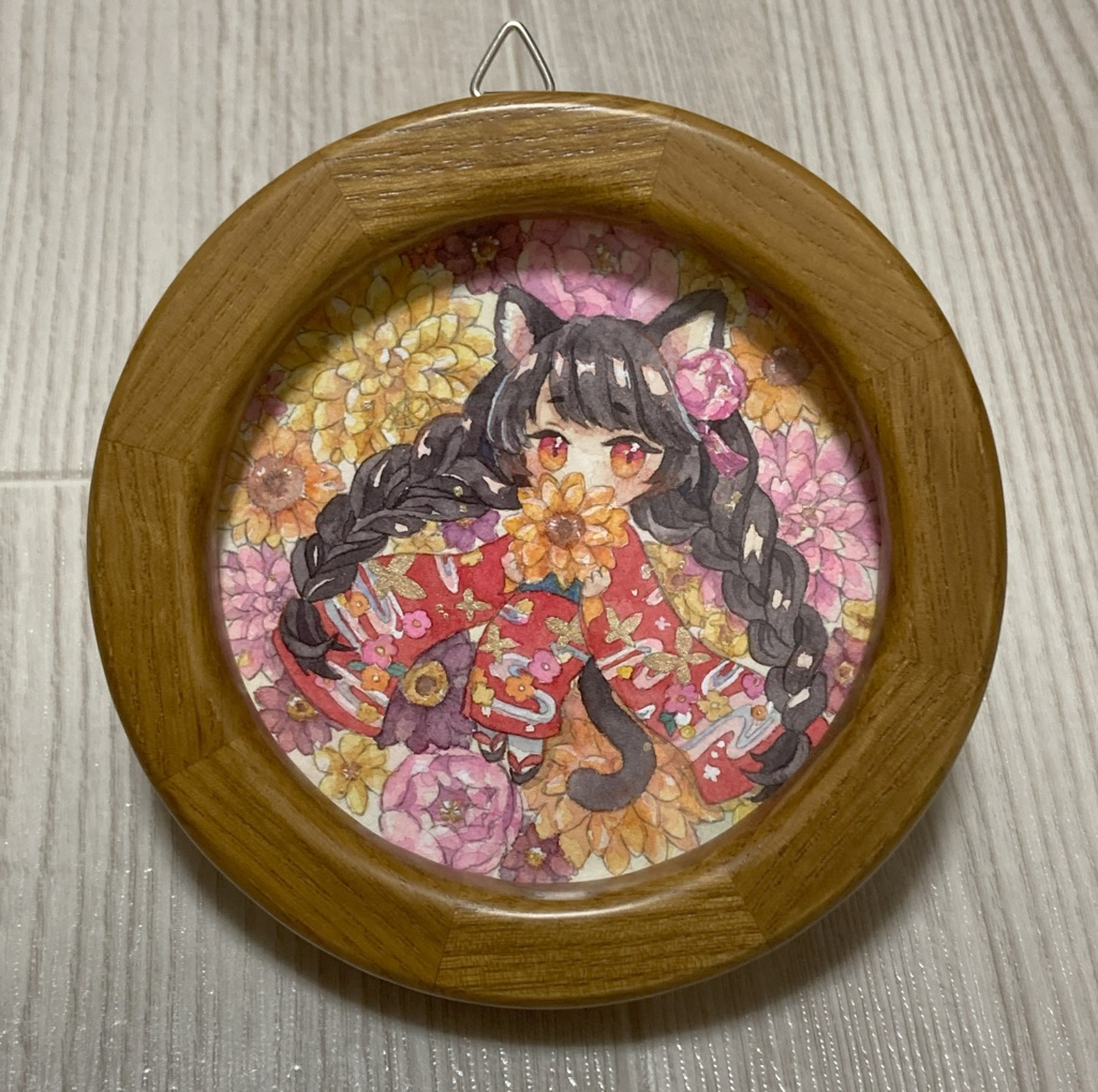 額装原画　花手水・くろねこ