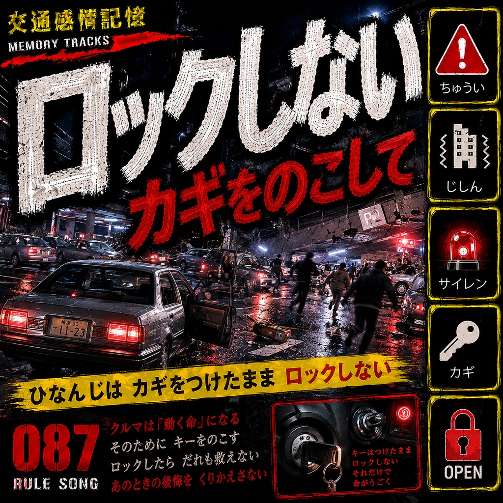 キーをのこした避難 (大地震時の車避難ルール・鍵を付けたままドアロックしない罠 / 学科試験の罠対策mp3)