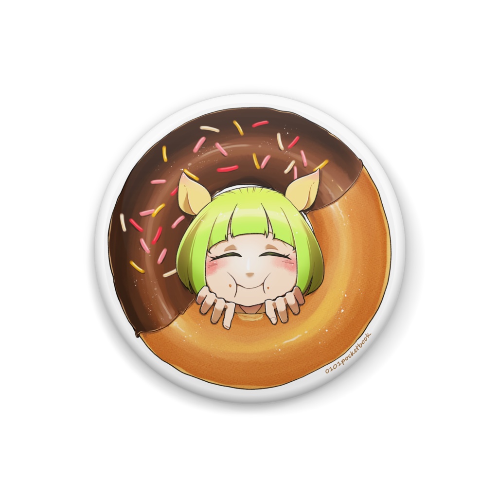 お腹いっぱいドーナツを食べる缶バッジ