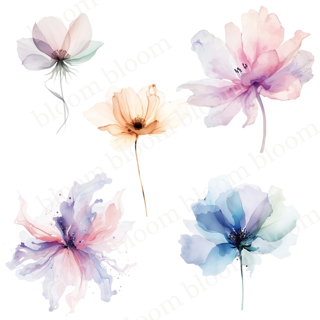 やさしい淡色系*アルコールインクアート風の花のクリップアート30点|背景透過PNG形式