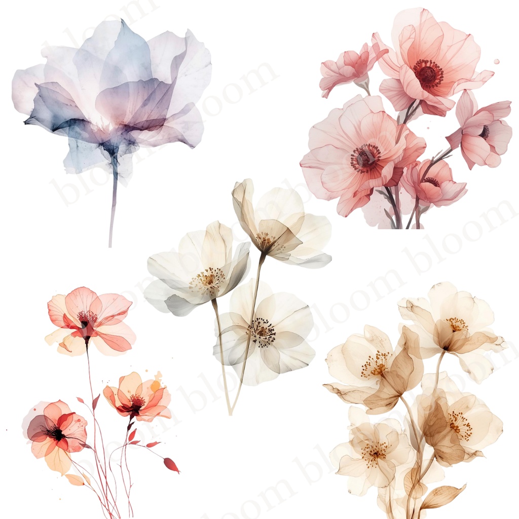 やさしい淡色系*アルコールインクアート風の花のクリップアート30点|背景透過PNG形式