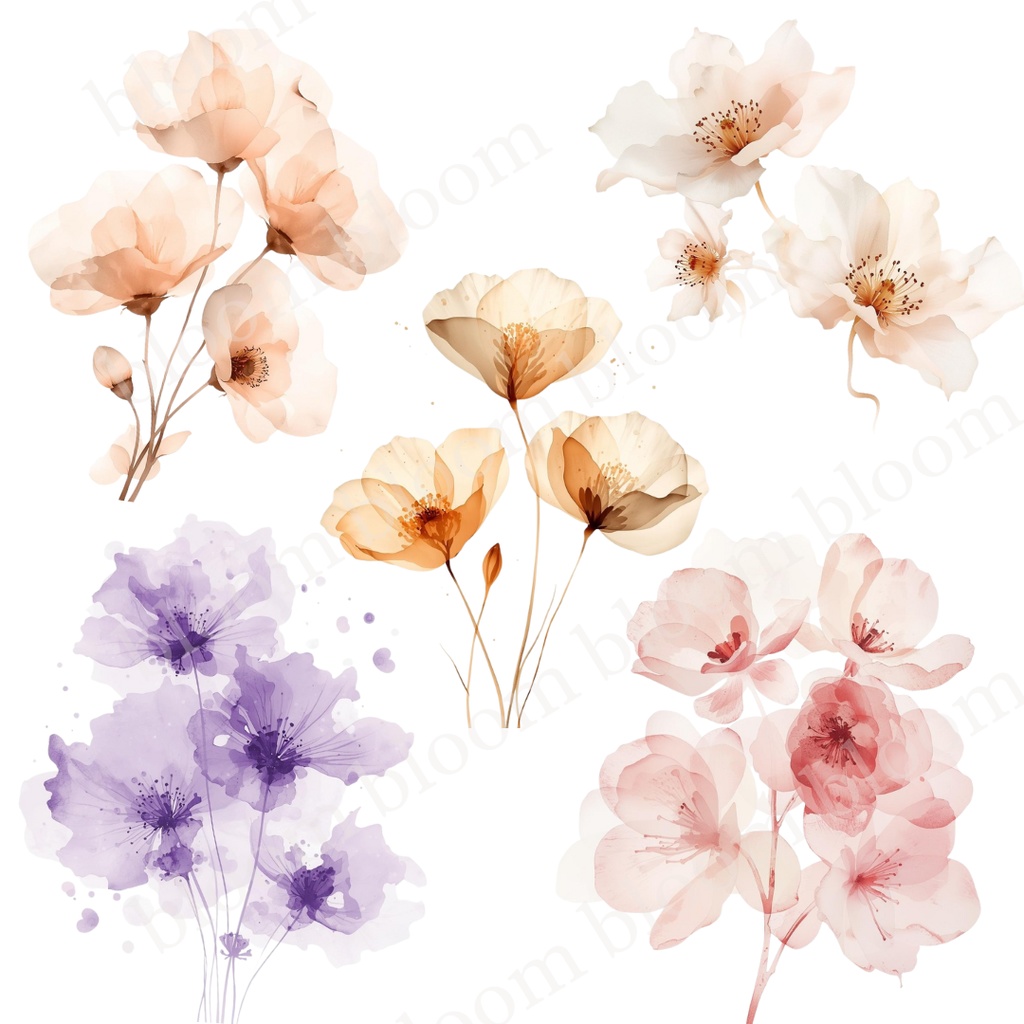 やさしい淡色系*アルコールインクアート風の花のクリップアート30点|背景透過PNG形式