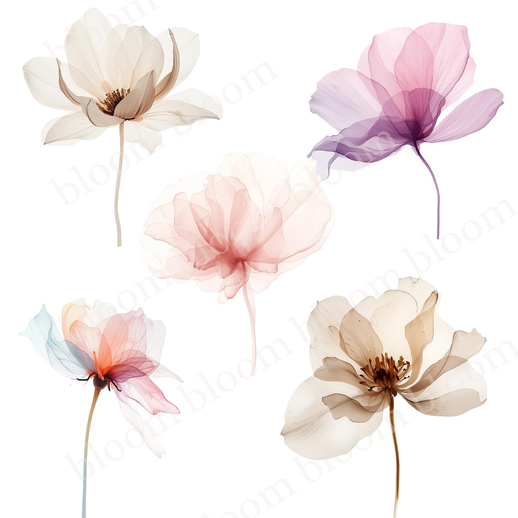 やさしい淡色系*アルコールインクアート風の花のクリップアート30点|背景透過PNG形式