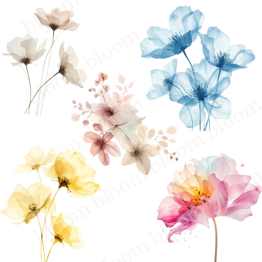 やさしい淡色系*アルコールインクアート風の花のクリップアート30点|背景透過PNG形式