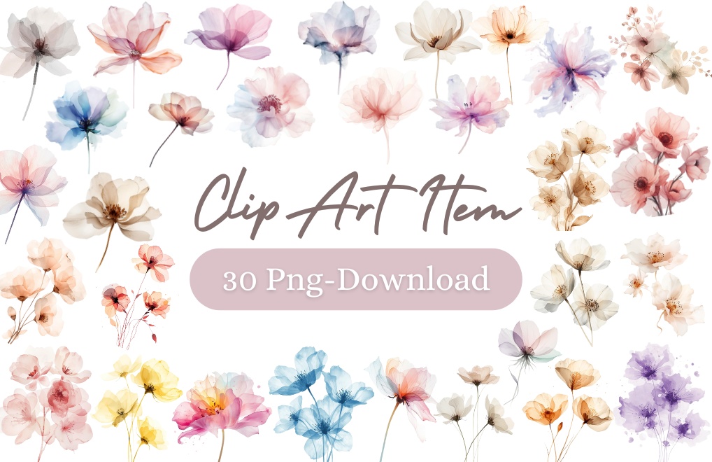やさしい淡色系*アルコールインクアート風の花のクリップアート30点|背景透過PNG形式