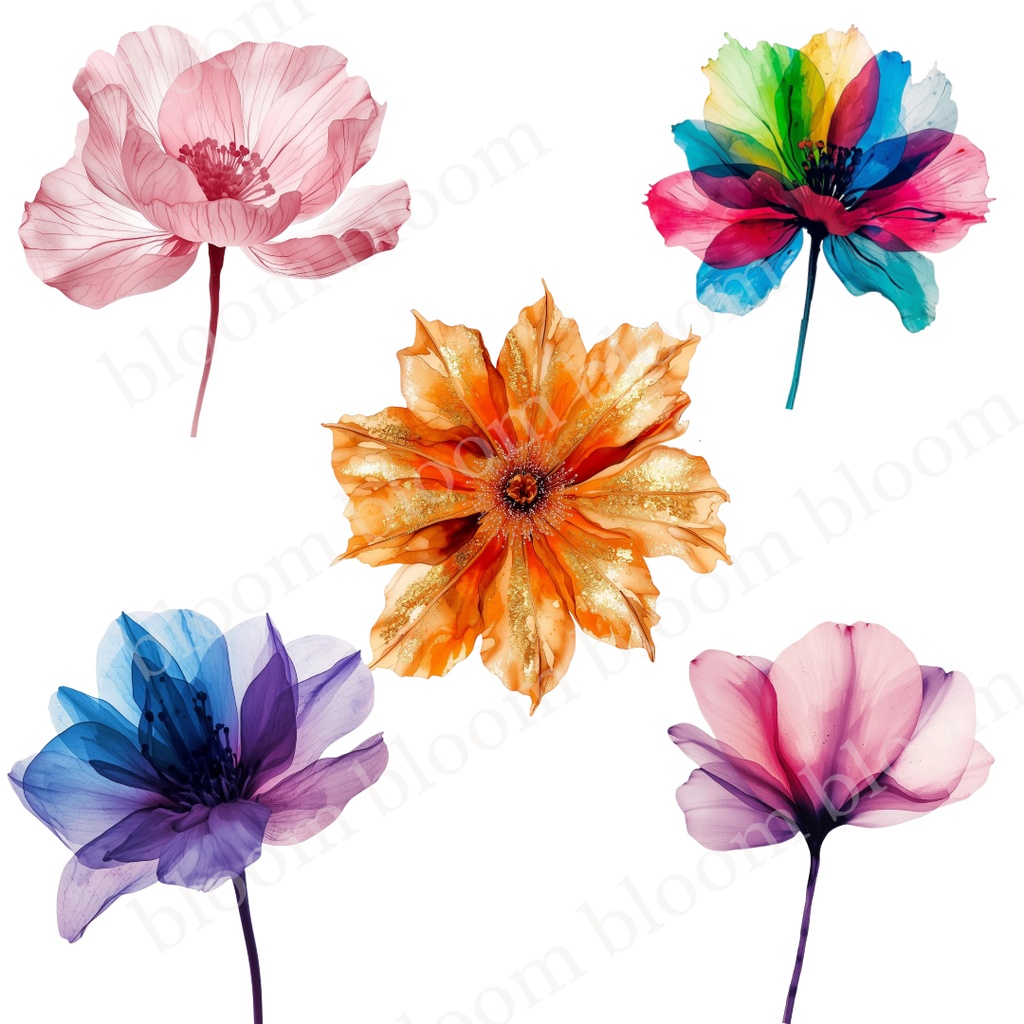 華やか・女性向け*アルコールインクアート風 フラワークリップアート30点|背景透過PNG形式