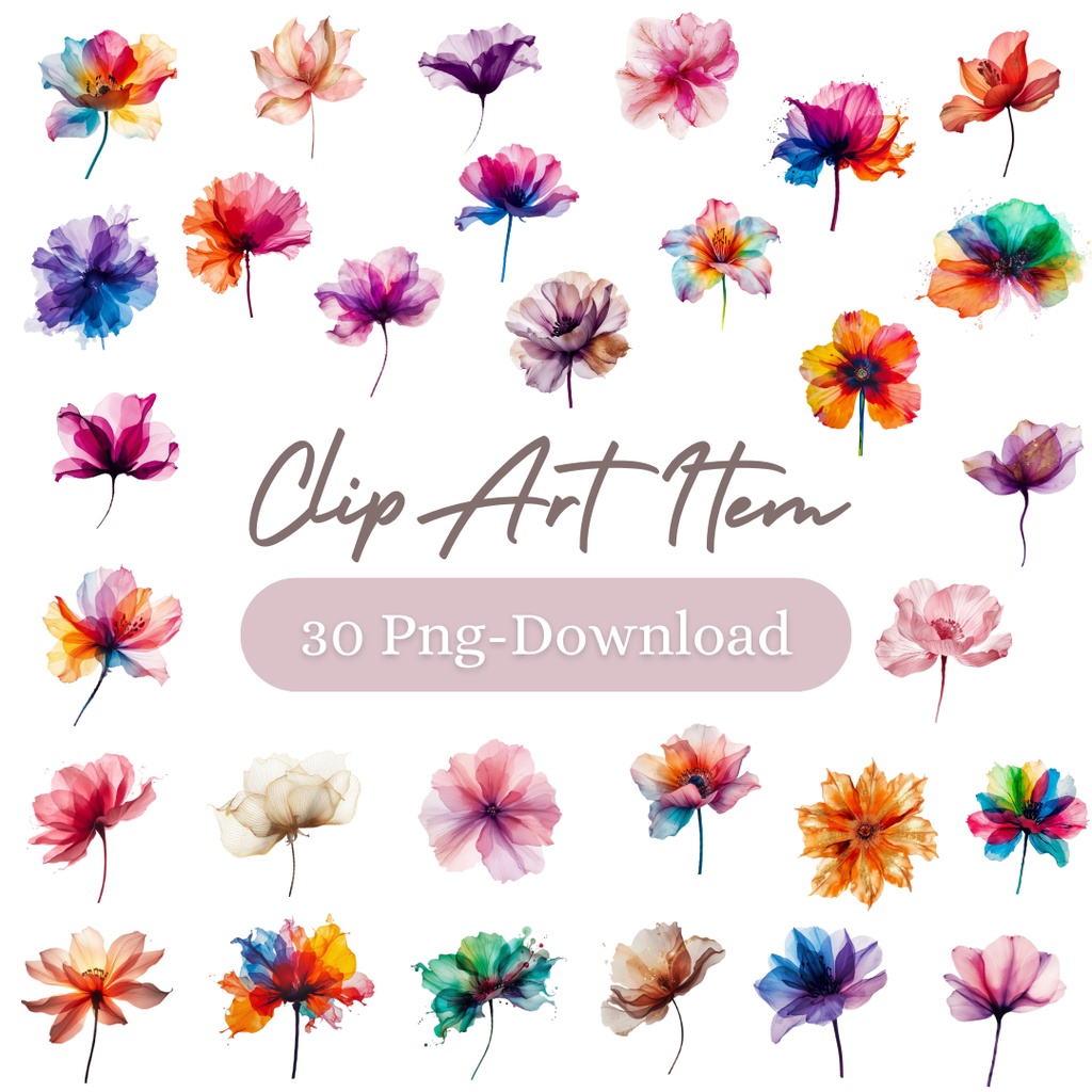 華やか・女性向け*アルコールインクアート風 フラワークリップアート30点|背景透過PNG形式