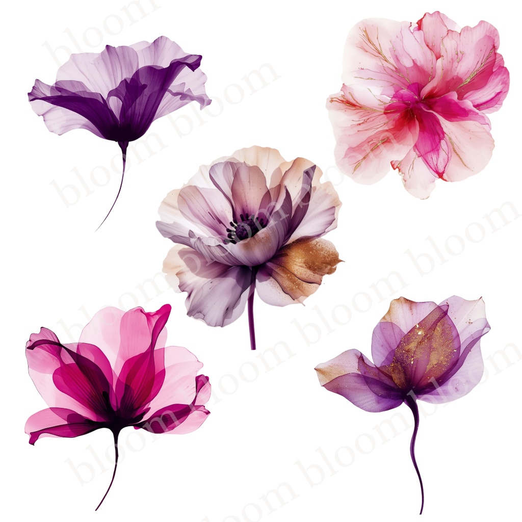 華やか・女性向け*アルコールインクアート風 フラワークリップアート30点|背景透過PNG形式