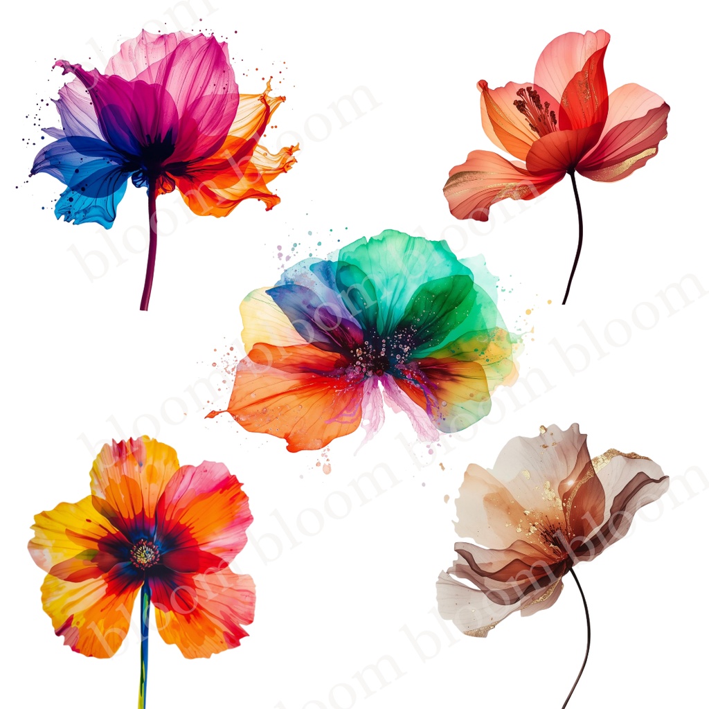 華やか・女性向け*アルコールインクアート風 フラワークリップアート30点|背景透過PNG形式