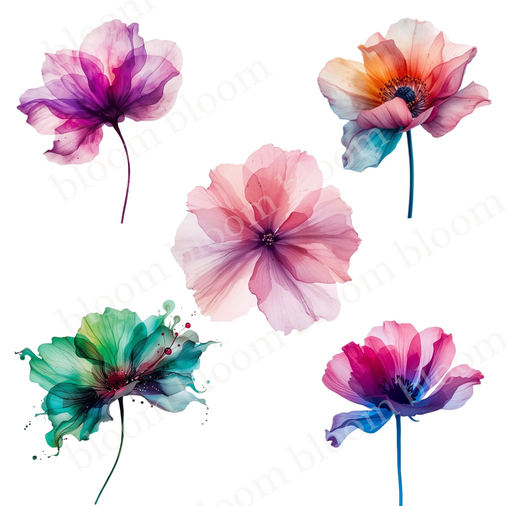華やか・女性向け*アルコールインクアート風 フラワークリップアート30点|背景透過PNG形式