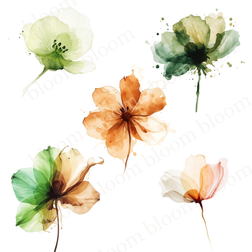 ナチュラル・ボタニカル*アルコールインクアート風の花のクリップアート30点|背景透過PNG形式