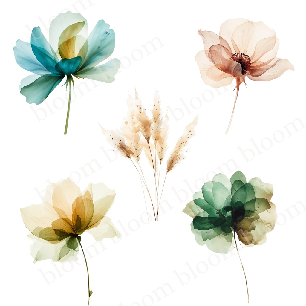 ナチュラル・ボタニカル*アルコールインクアート風の花のクリップアート30点|背景透過PNG形式