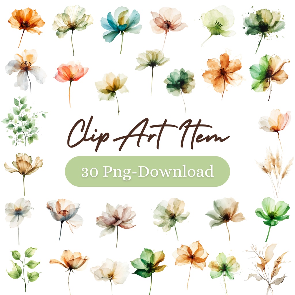 ナチュラル・ボタニカル＊アルコールインクアート風の花のクリップアート30点｜背景透過PNG形式