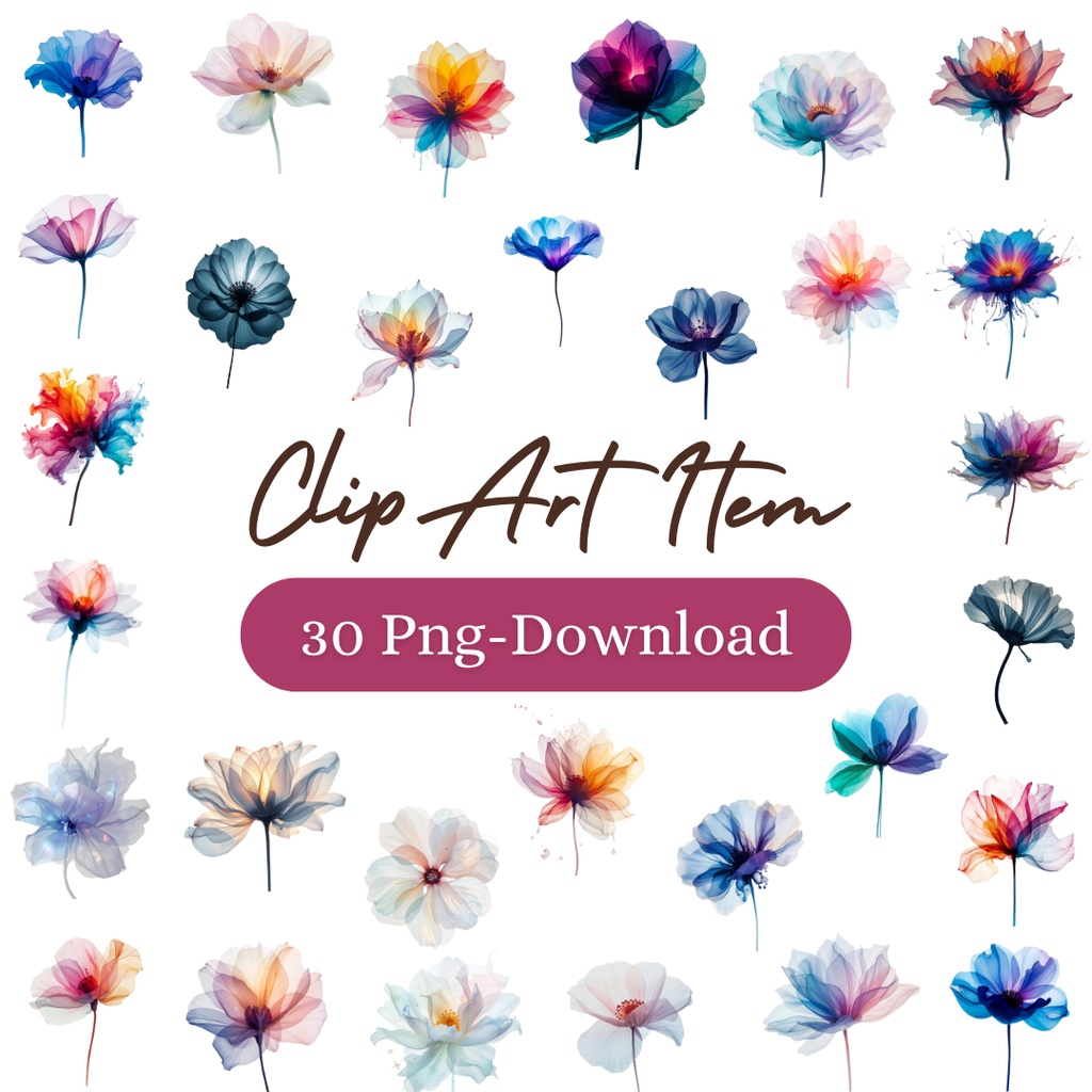 幻想的＊アルコールインクアート風の花のクリップアート30点｜背景透過PNG形式