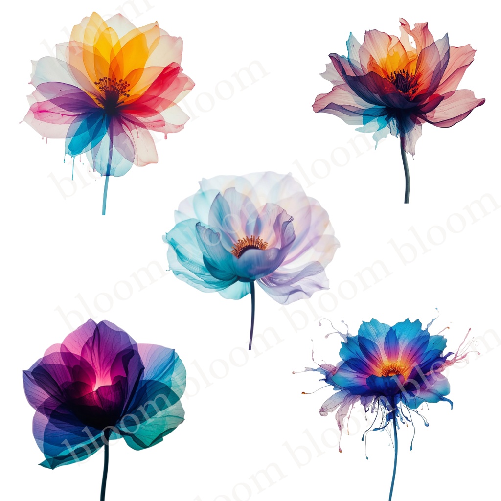 幻想的*アルコールインクアート風の花のクリップアート30点|背景透過PNG形式