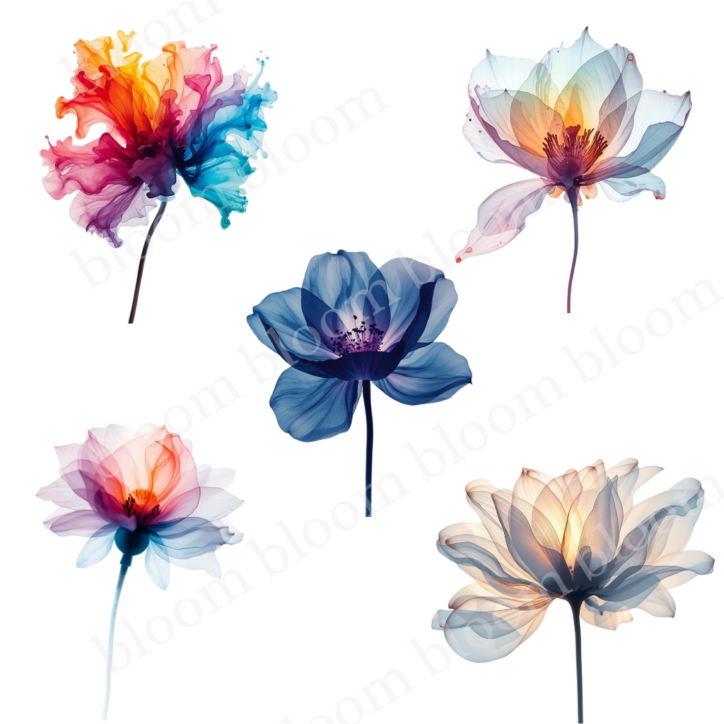 幻想的*アルコールインクアート風の花のクリップアート30点|背景透過PNG形式